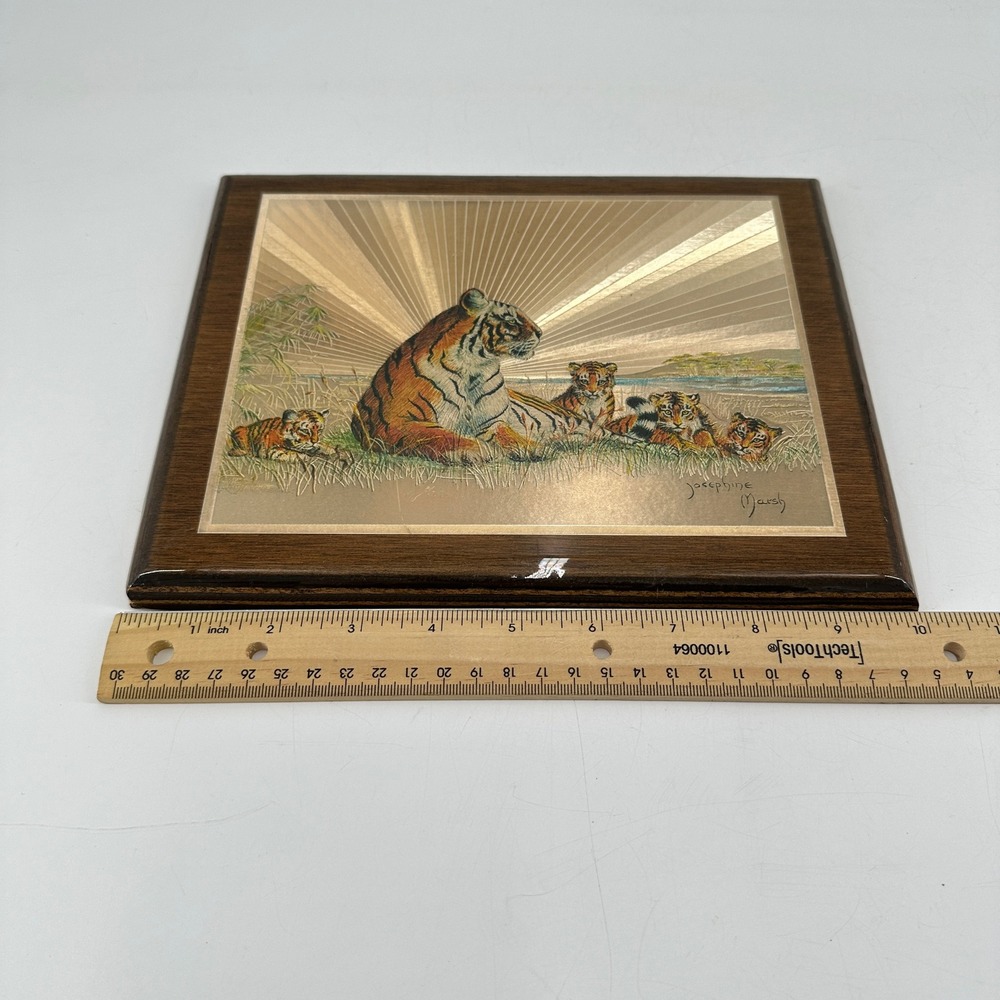 Josephine Marsh Tiger Family Foil Art Plaque Vintage Wood Mounted Wall Decor - Picture 7 of 8
